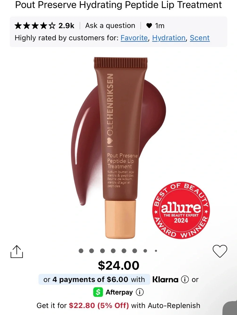 Ole Henriksen Pout Preserve Peptide Lip Treatment - Red tube with Peach Cap